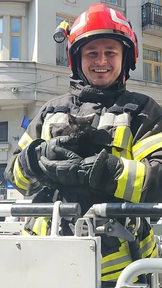 A firefighter holding the kitten rescued from the roof
